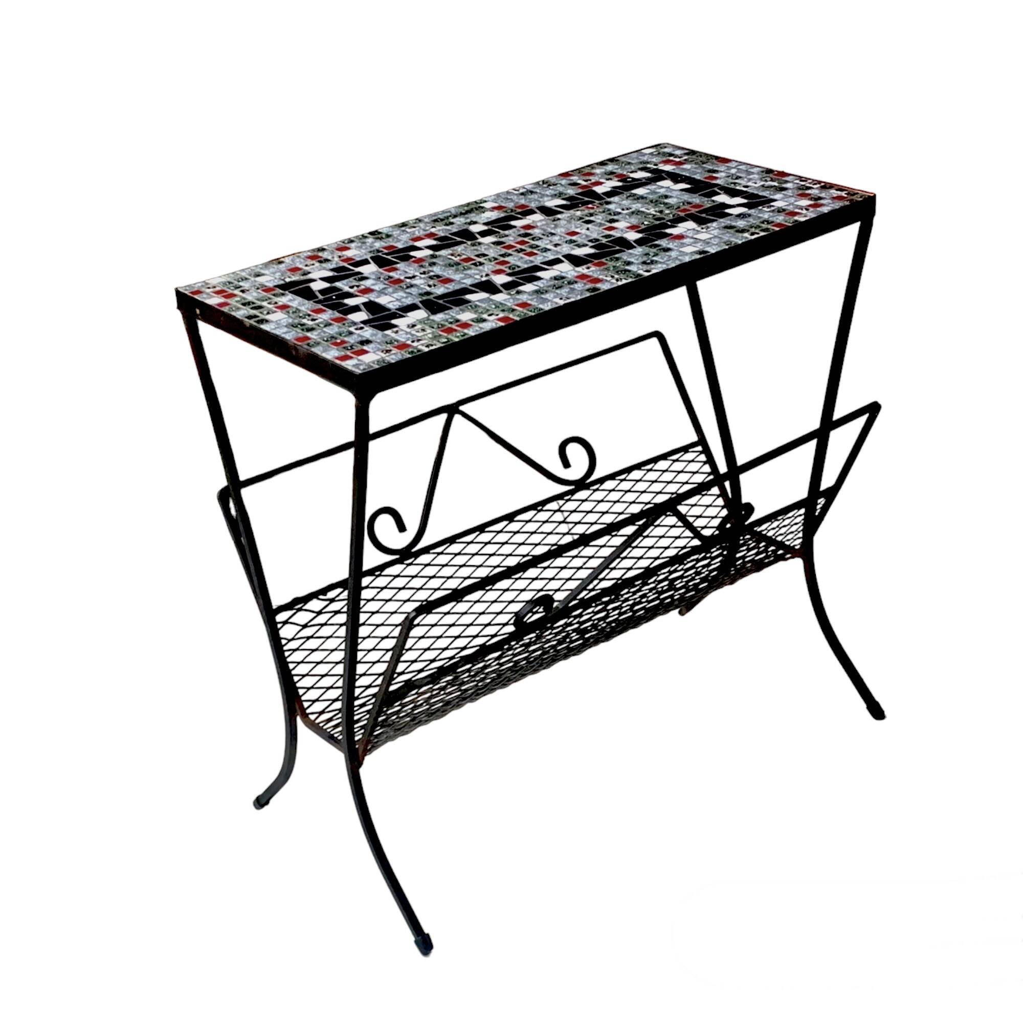 Vintage side table and magazine rack in wrought iron and ceramic tiles