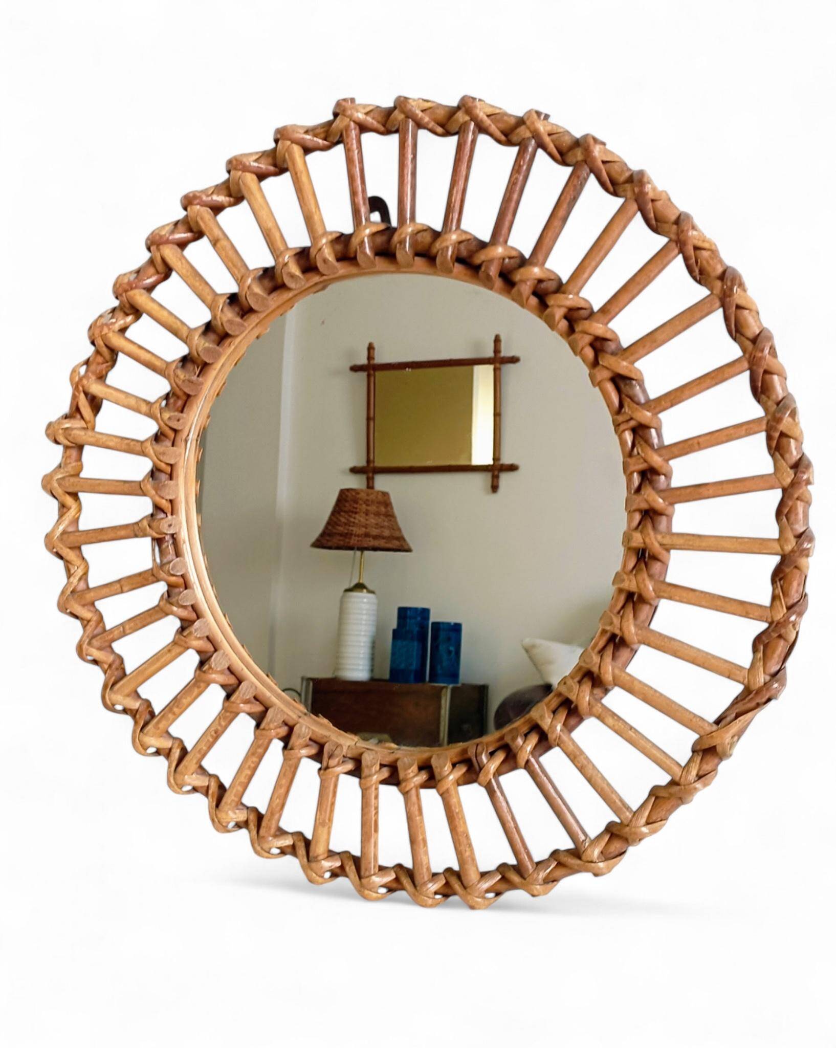 Mid-Century Bamboo Sunburst Mirror, France, Franco Albini Style, 1950s
