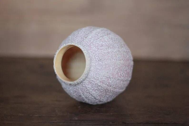 Signed crinkled enamel round vase, pink Art Deco vase, interior decoration, collection