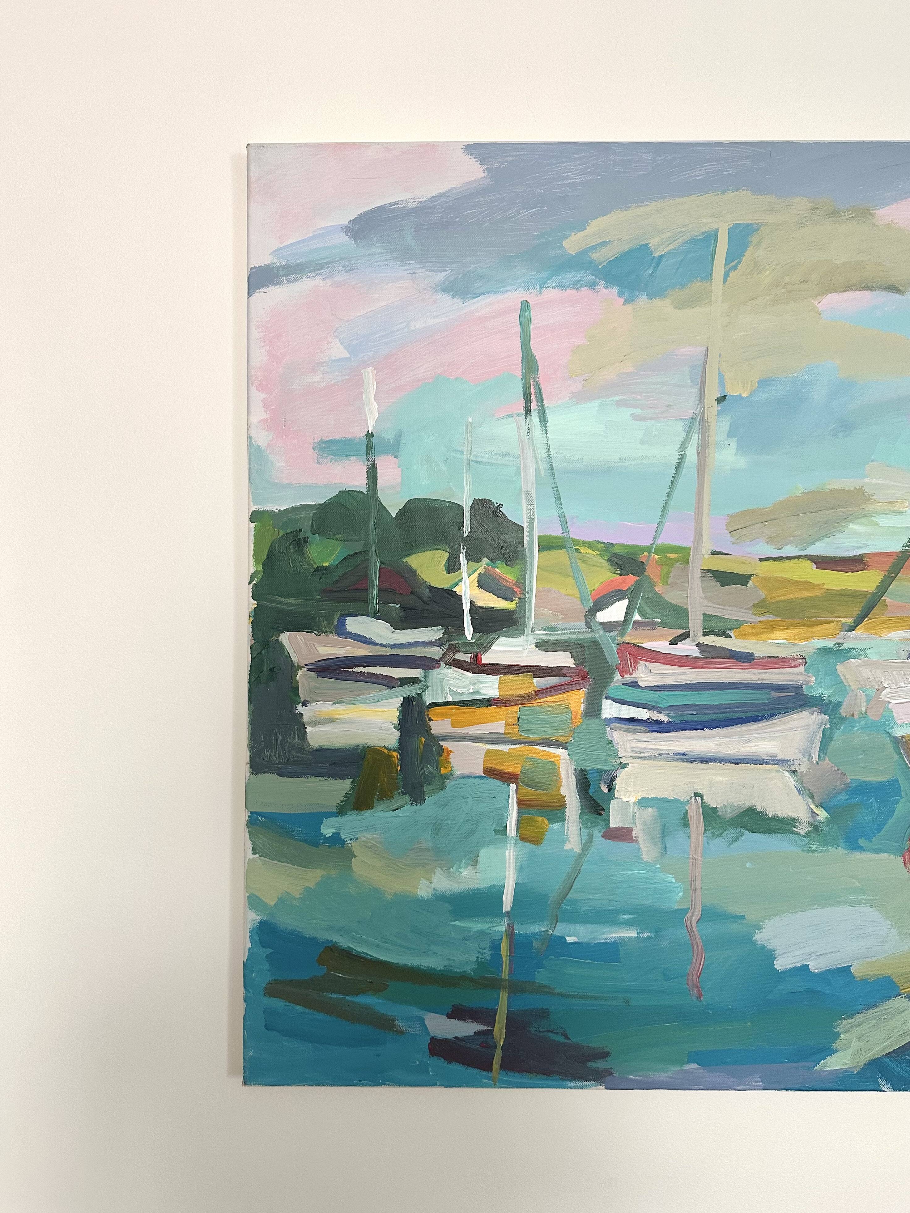 Oil on canvas port with sailing boats