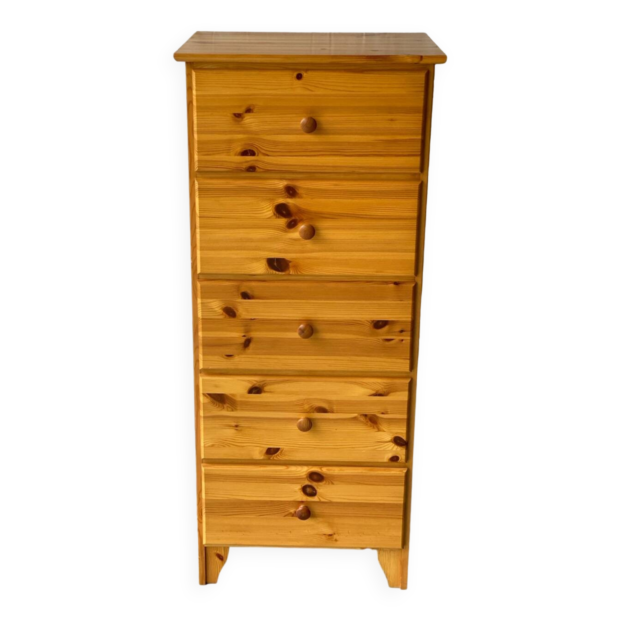 Commode chiffonnier vintage en bois massif pin avec 5 tiroirs