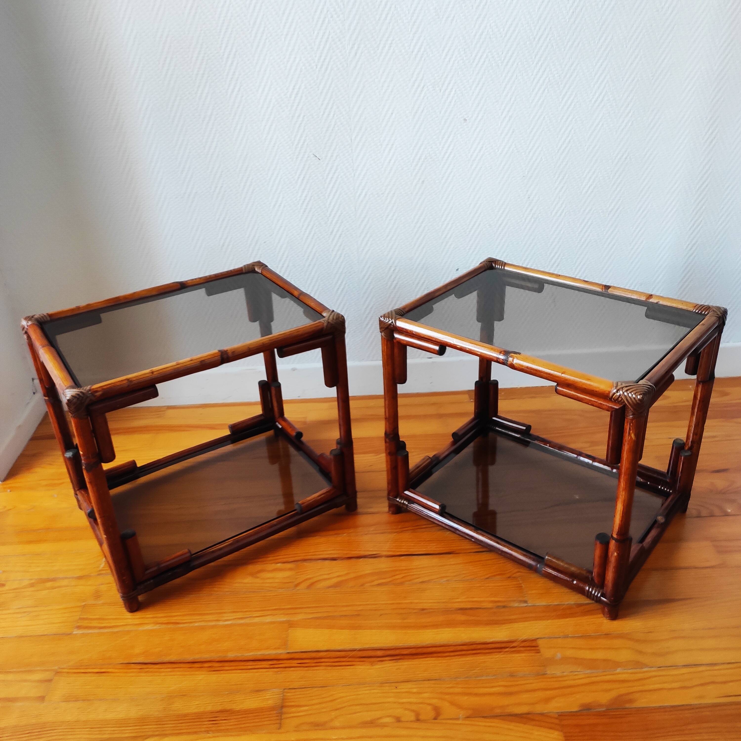 Pair of bedside tables - rattan smoked glass side tables vintage 70s-80s