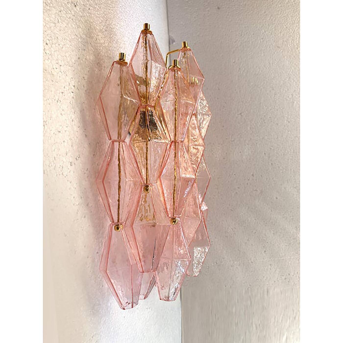 Set of Two Contemporary Pink “Poliedri” Murano Glass Gold 24k Wall Sconces