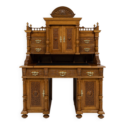 Grand bureau de ministre Néo-Renaissance à gradin en chêne - vers 1880-1890