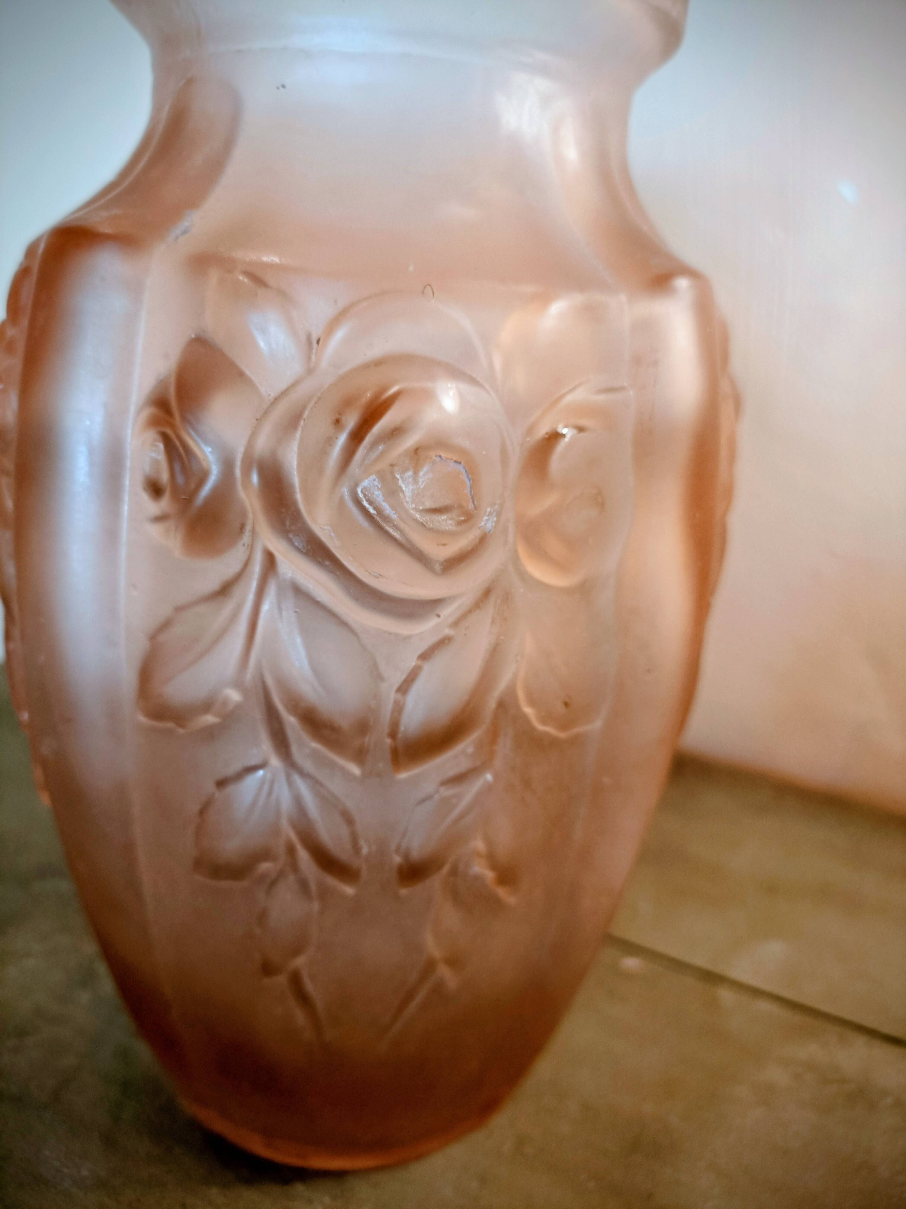 Art Deco vase, moulded satin pink glass.