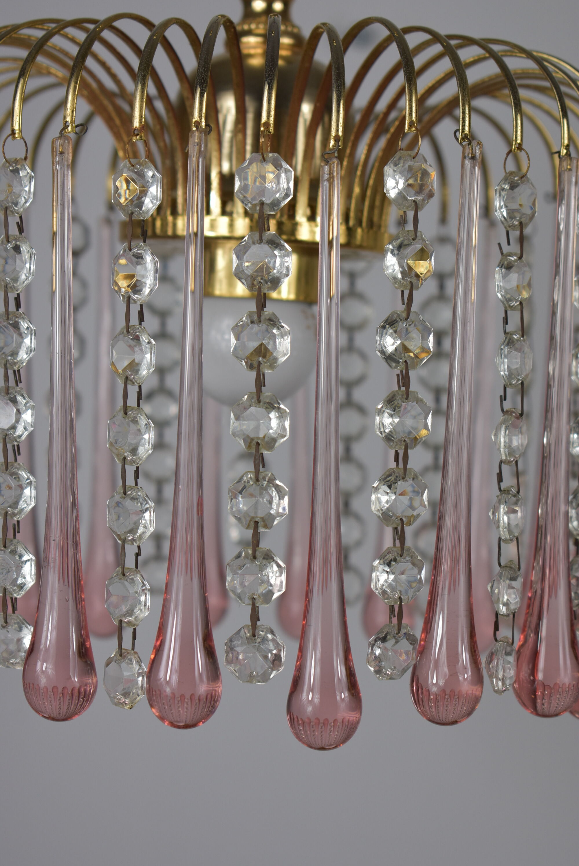 chandelier glass stamps, pink glass drops.