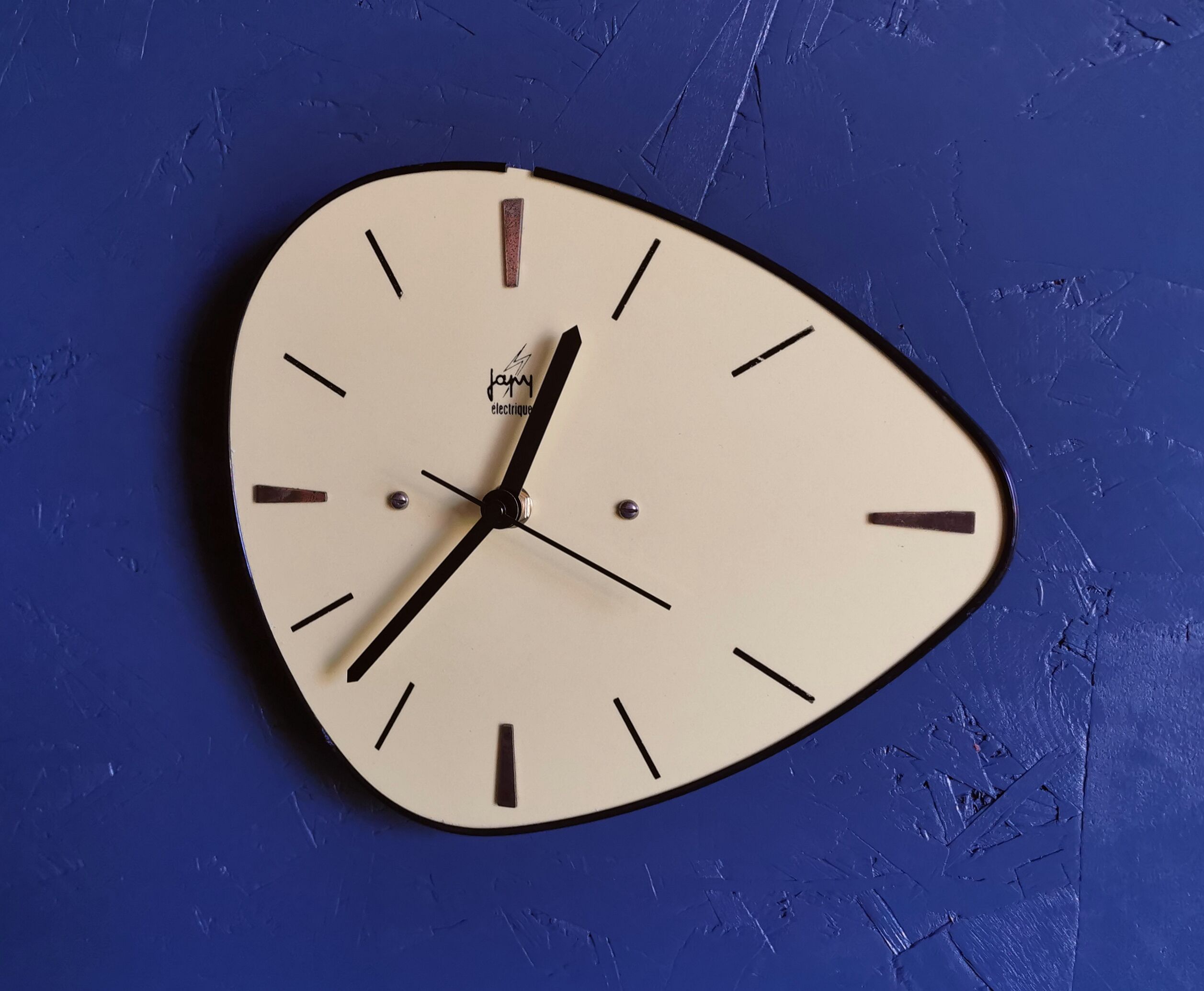 Vintage formica clock asymmetrical silent wall clock "Japy electric yellow"