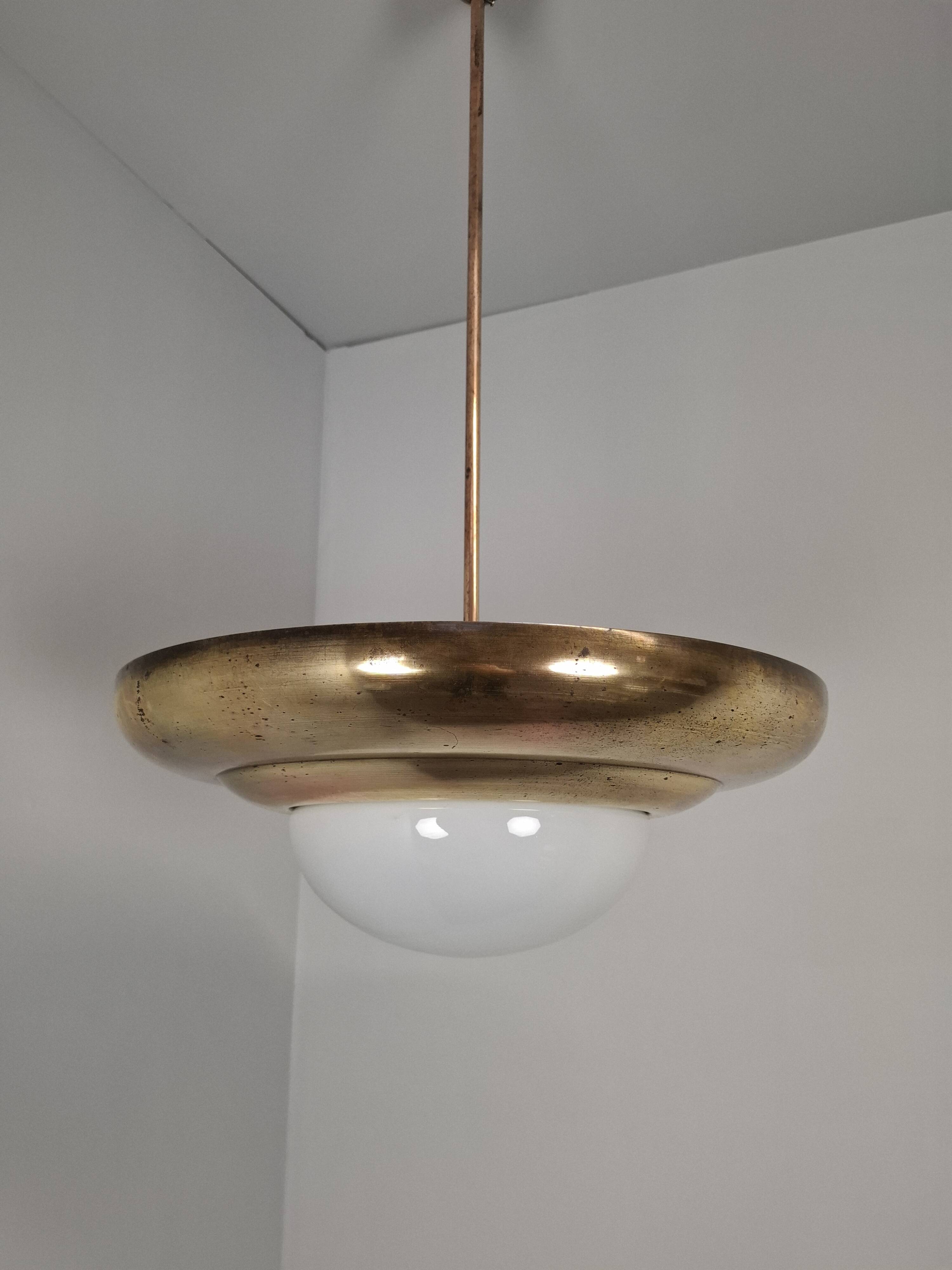 1920 Czechoslovak Art Deco Brass and Opaline Glass Pendant Lamp, Napako 134