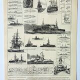 Gravure ancienne 1898, Cuirassé ancien, navire, marine • Lithographie, Planche originale