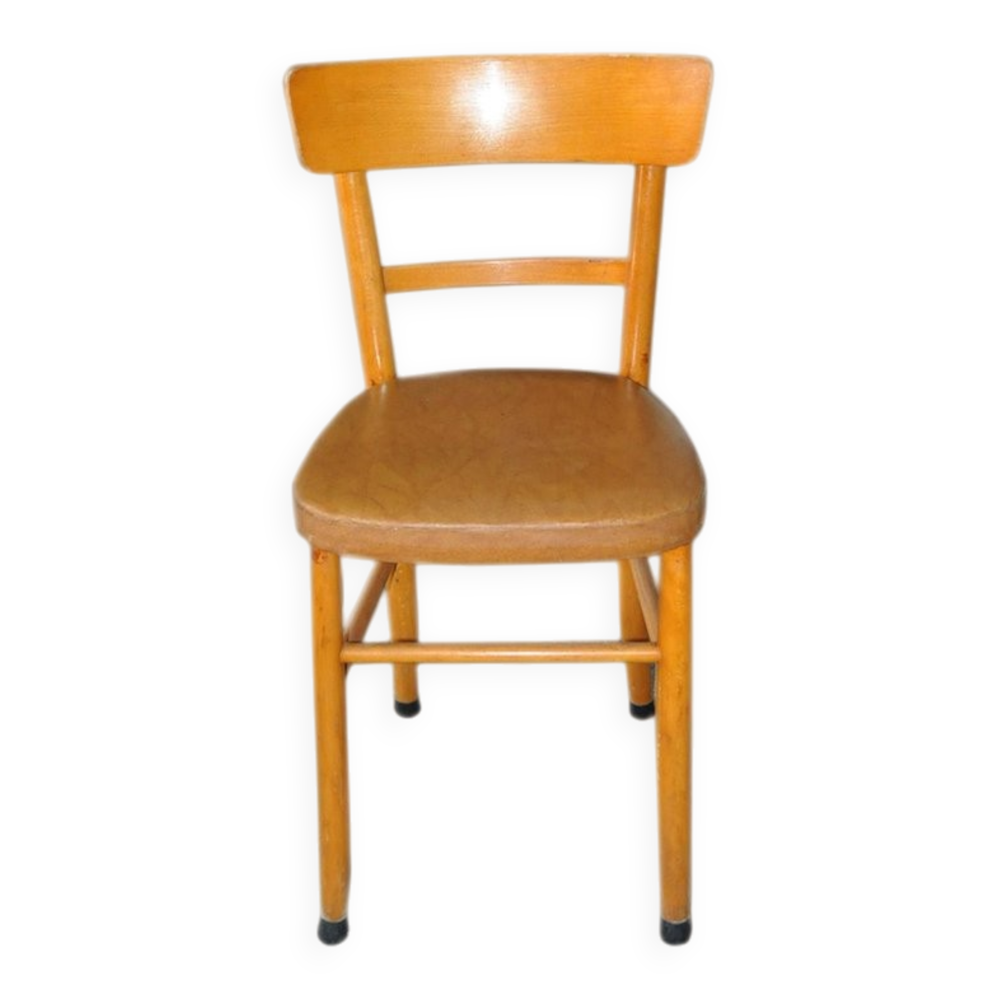 Vintage chair in brown faux leather and light wood, 1960s, padded seat.