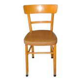 Chaise vintage en similicuir marron et bois clair, années 1960, assise rembourrée