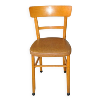 Vintage chair in brown faux leather and light wood, 1960s, padded seat.