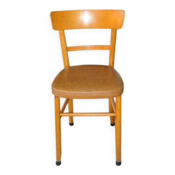 Chaise vintage en simili cuir marron et bois clair, années 1960, siège rembourré.