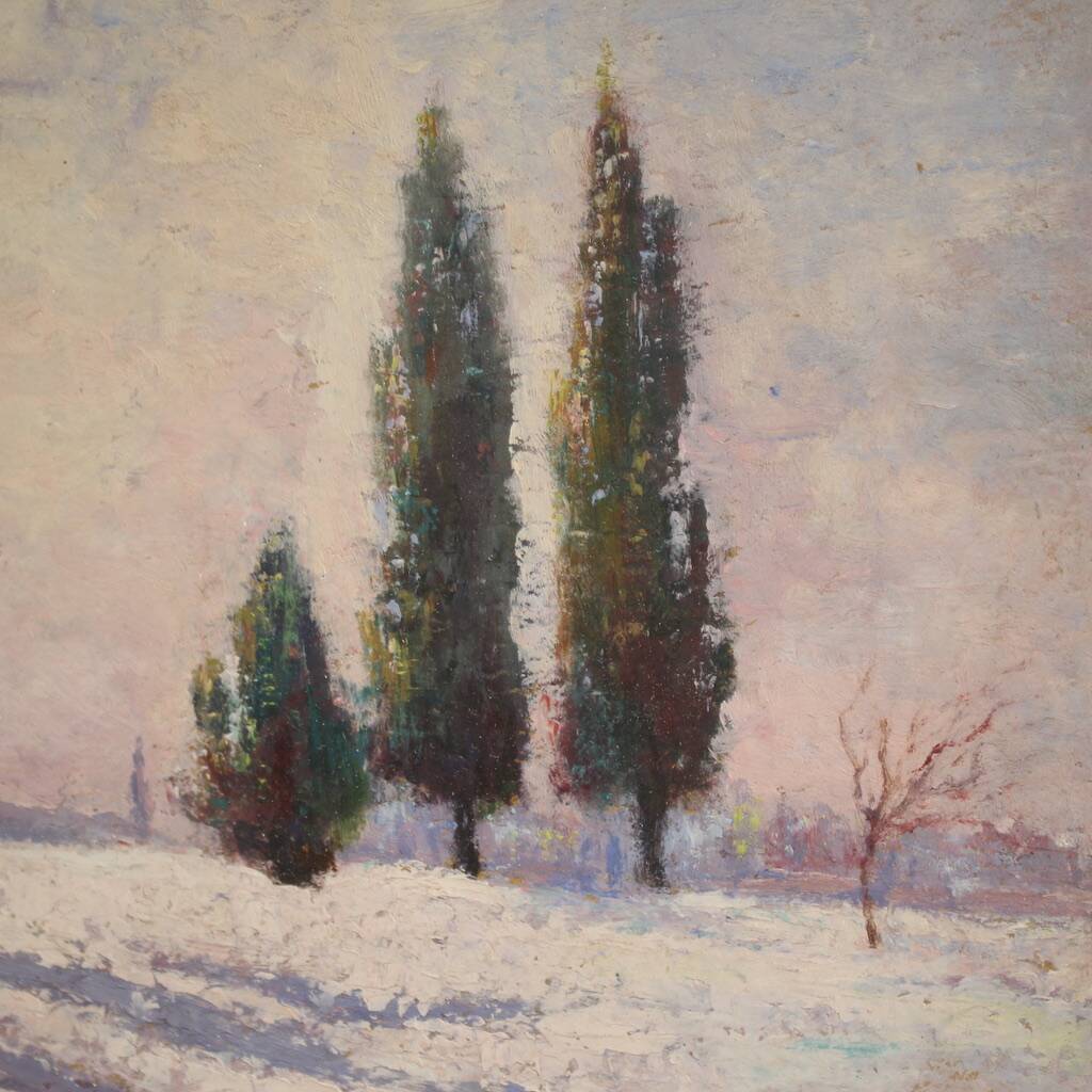 Peinture de paysage enneigé italien signée et datée de 1932.