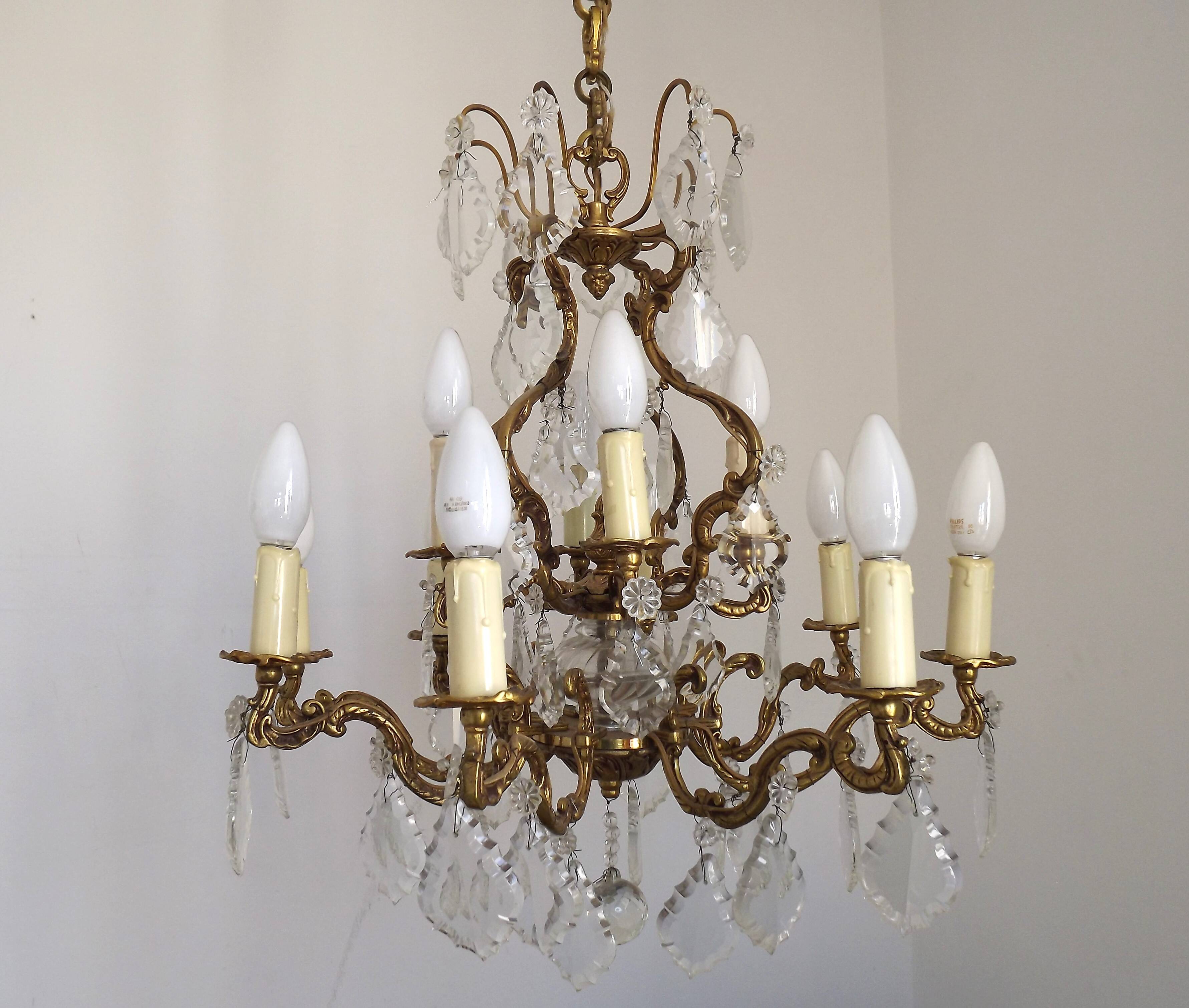 Lustre Cage 12 Lights Art Nouveau Bronze Glass and Crystal 5226