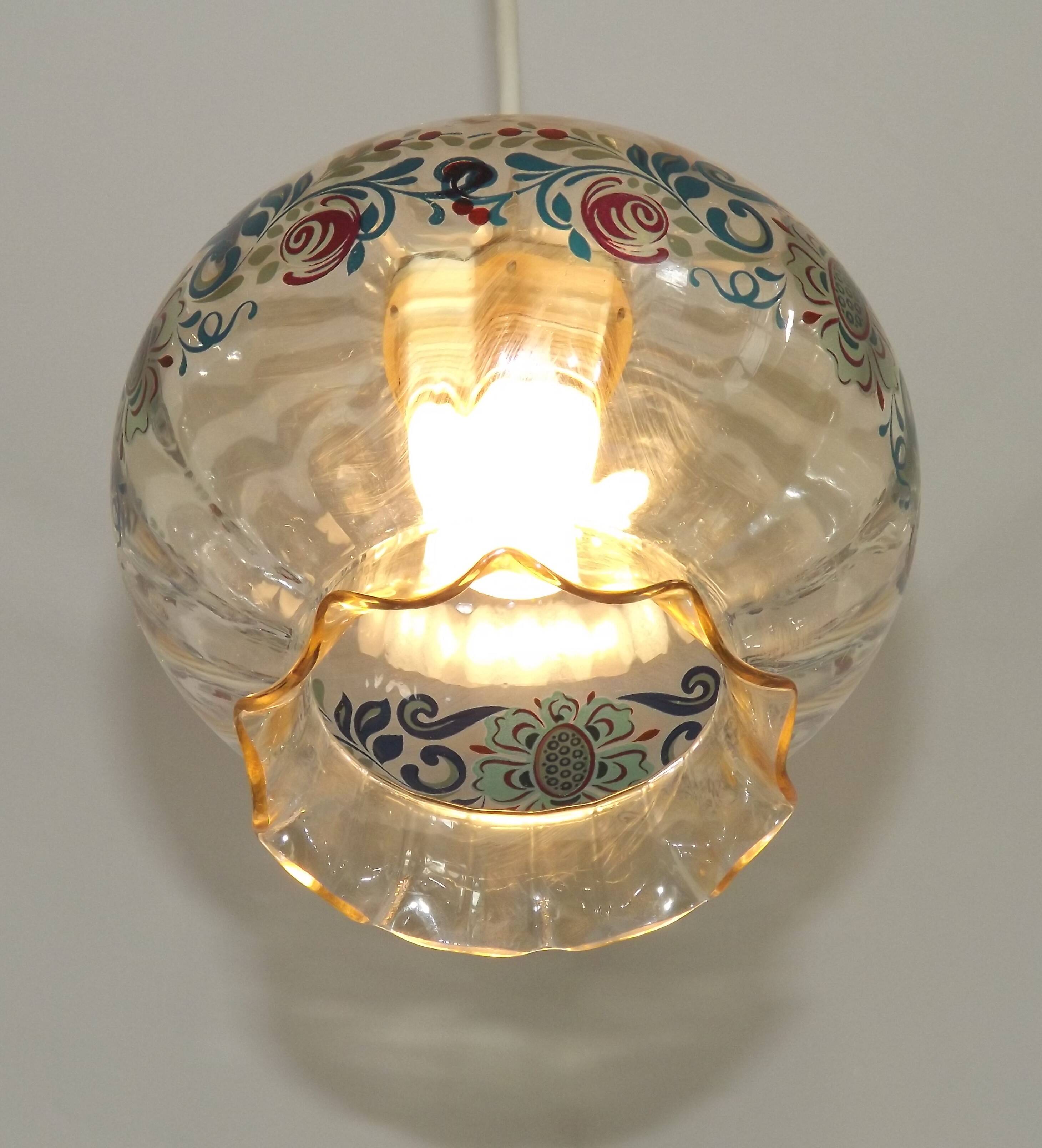 French Vintage Clear Glass Ceiling Light with Colourful Floral Decoration