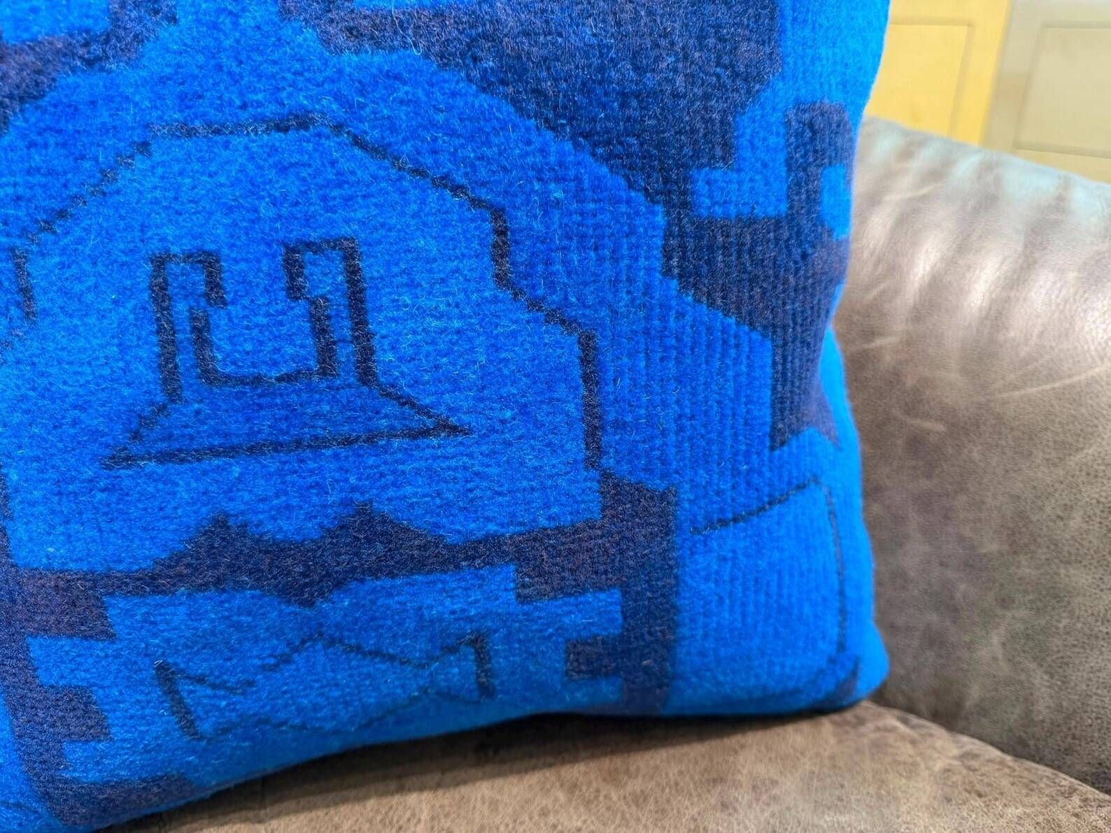 Vintage Turkish Rug Cushion, Handmade Electric Blue Geometric Wool Pillow