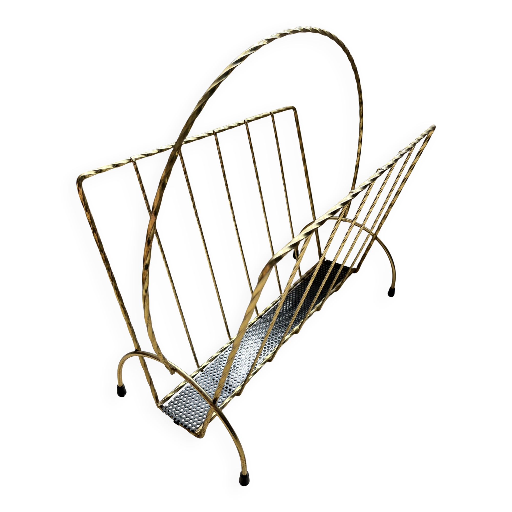 Vintage gold metal magazine rack from the 1960s.