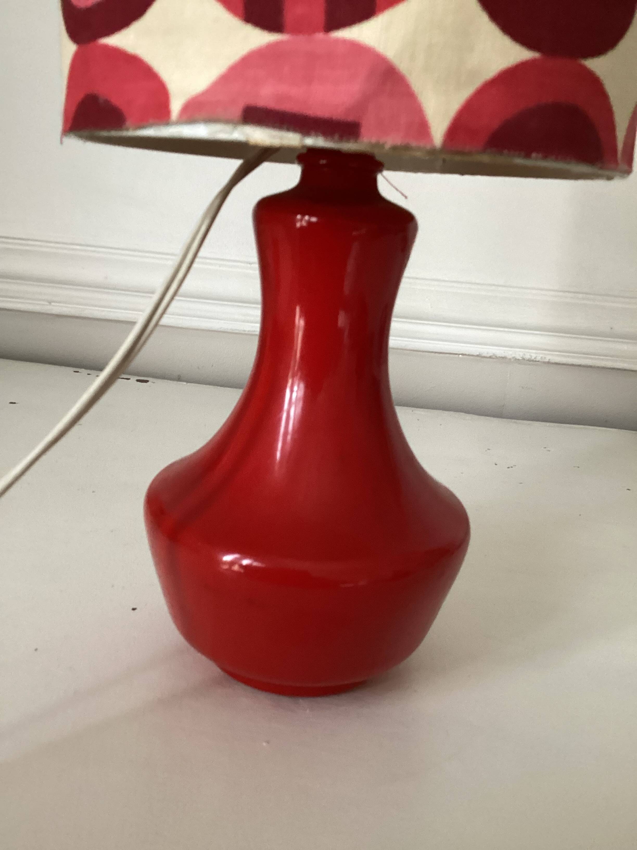 Vintage lamp with glass base and textile lampshade, 1970s