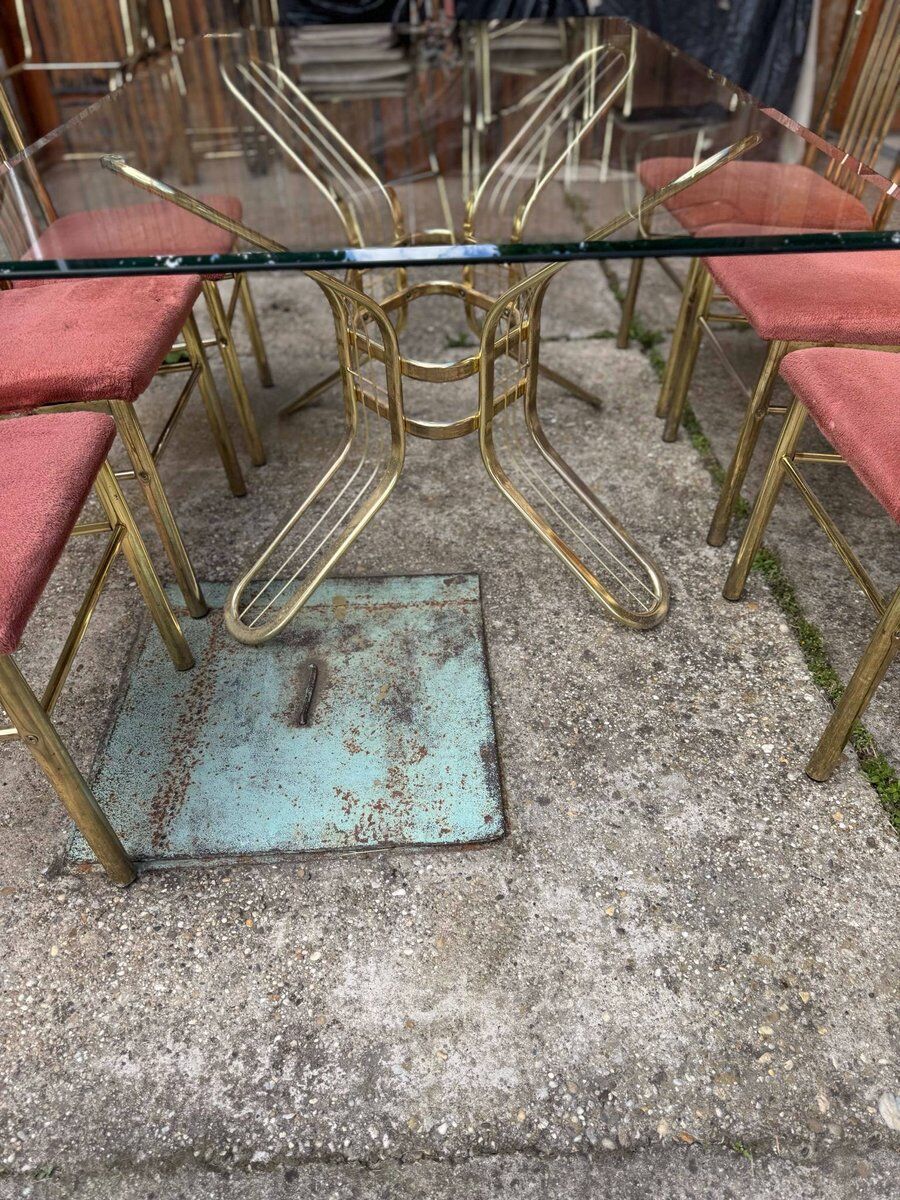 Italian brass dining table and chairs, 1970s, set of 7