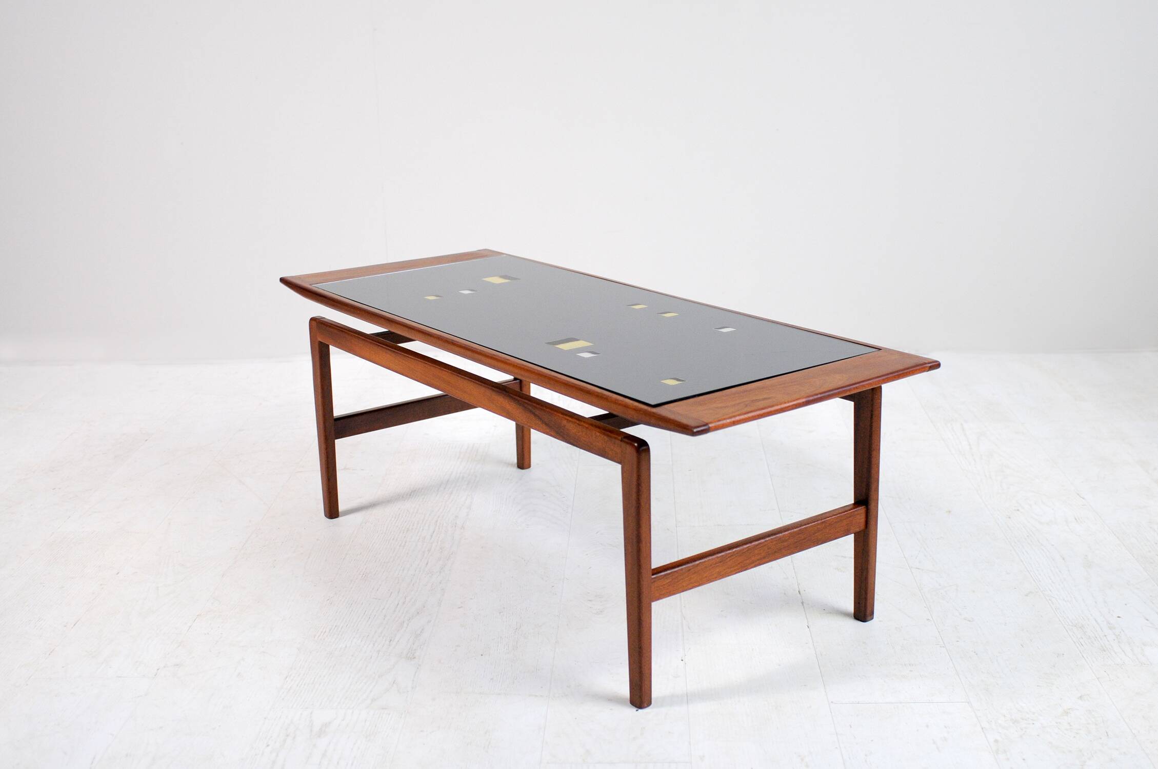 Teak and frosted glass coffee table, Italy 1960.