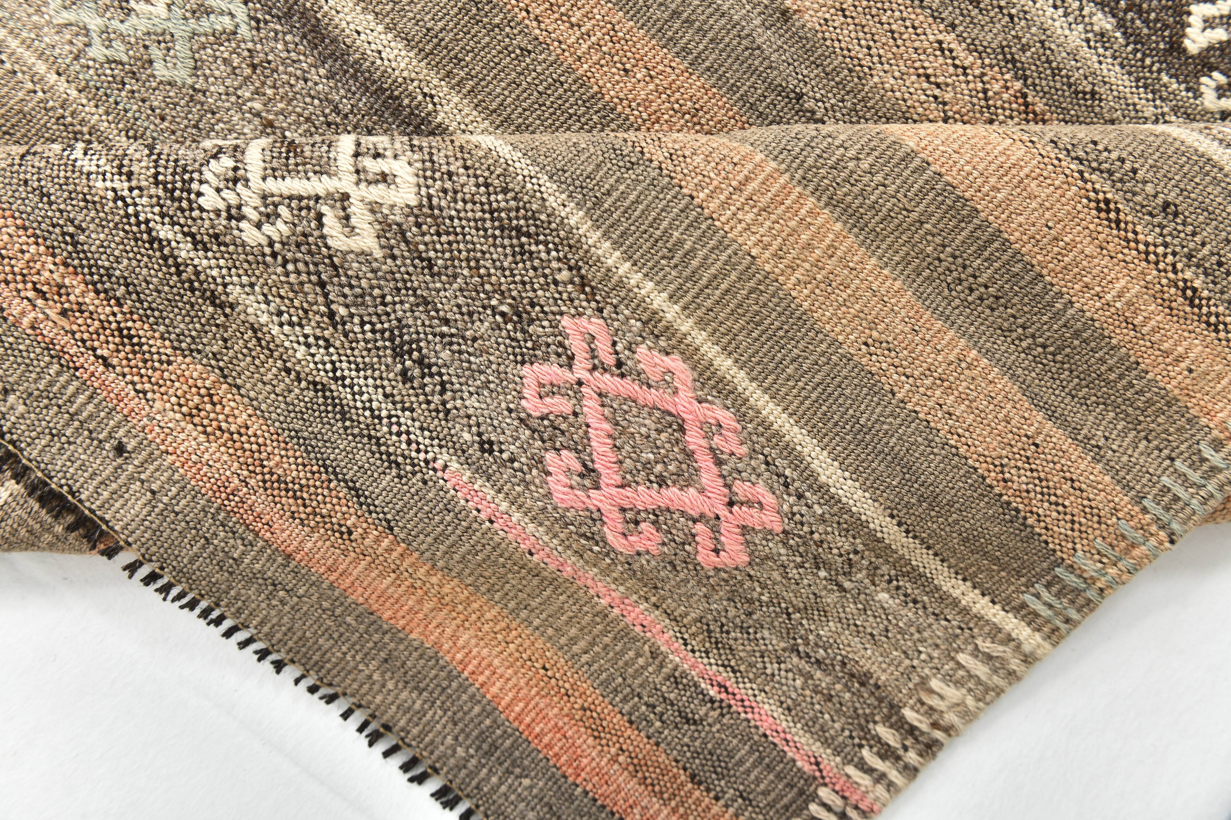 3x12 Brown Mustard Turkish Kilim Runner Rug 101x353Cm