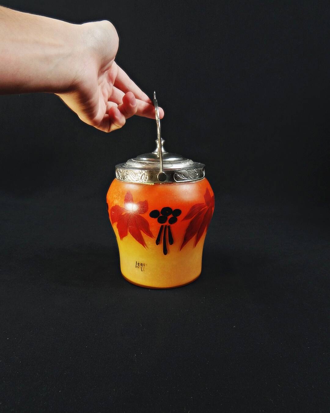 Legras-Montjoye enameled & painted glass biscuit bucket, Art Deco period