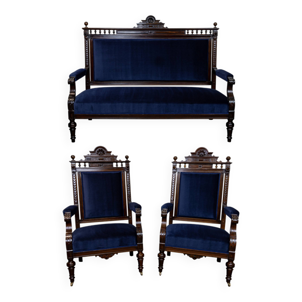 Ensemble de salon Néo-Renaissance en noyer et velours bleu - XIXe