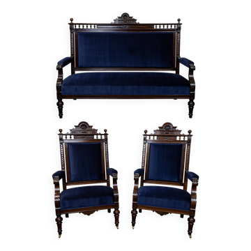 Neo-Renaissance salon set in walnut and blue velvet - 19th century