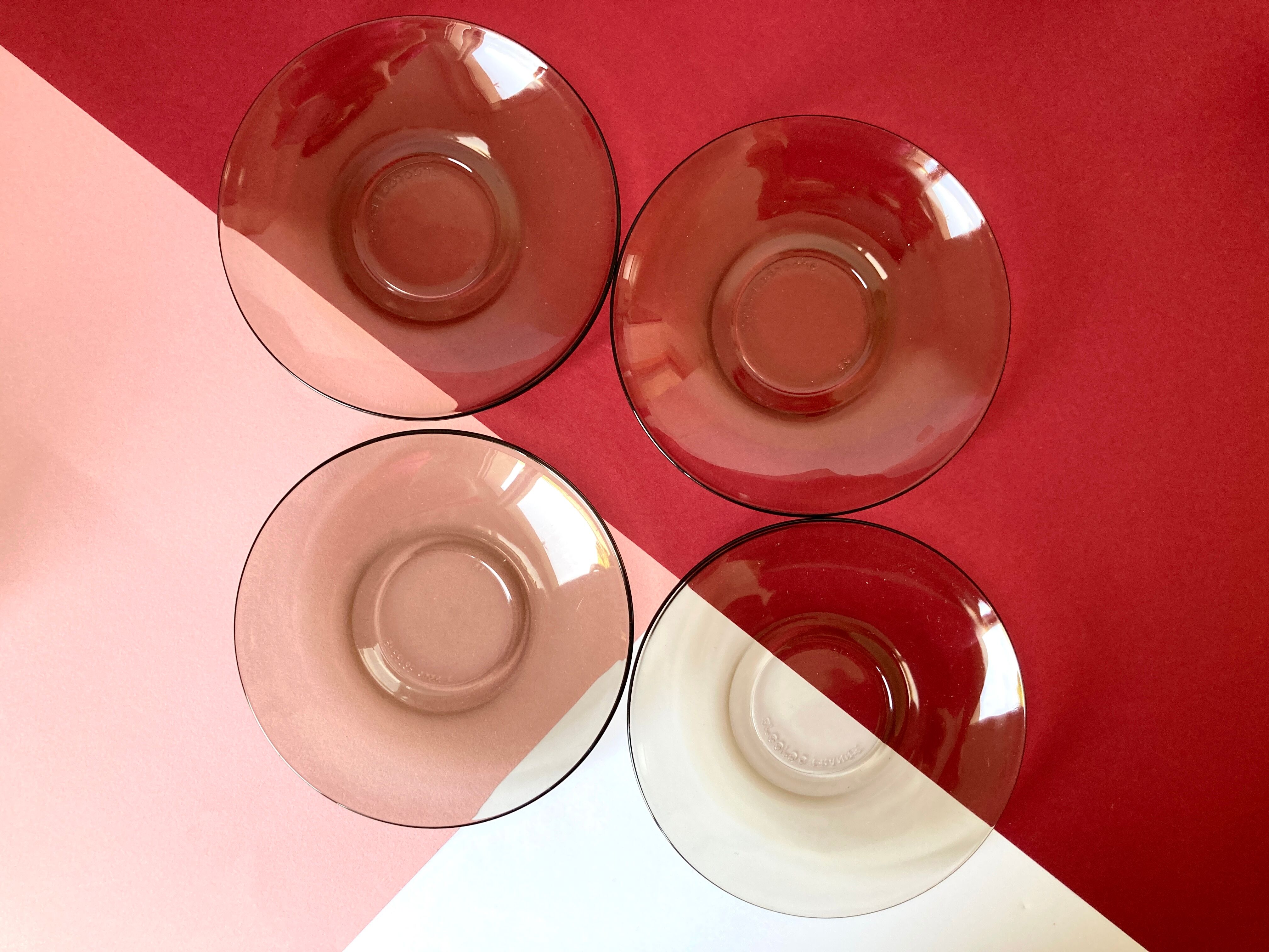 4 Arcoroc coffee cups and saucers in black transparent glass