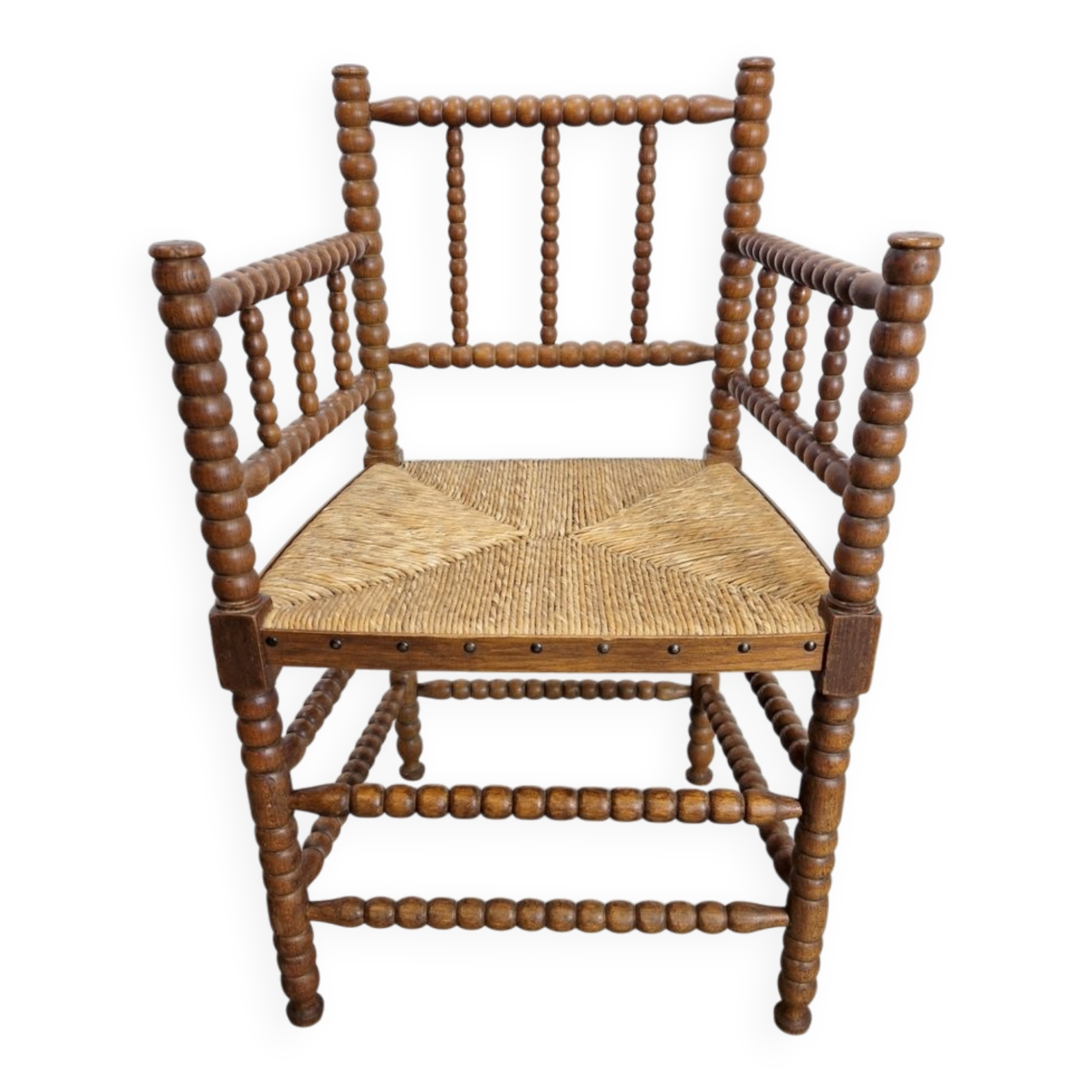 Mid-Century Arts and Craft Oak Bobbin Chair with Rush Seat, 1930s