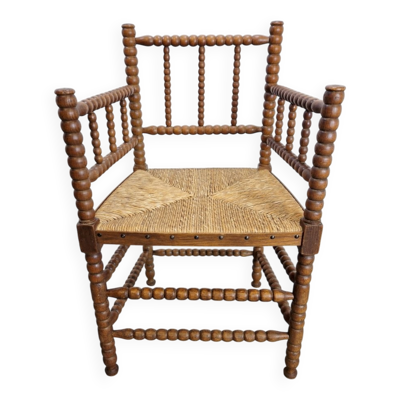 Fauteuil bobine en chêne Arts et Métiers du milieu du siècle avec assise en paille, années 1930