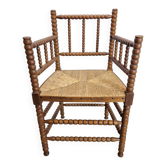 Fauteuil bobine en chêne Arts et Métiers du milieu du siècle avec assise en paille, années 1930