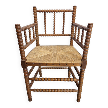 Fauteuil bobine en chêne Arts et Métiers du milieu du siècle avec assise en paille, années 1930