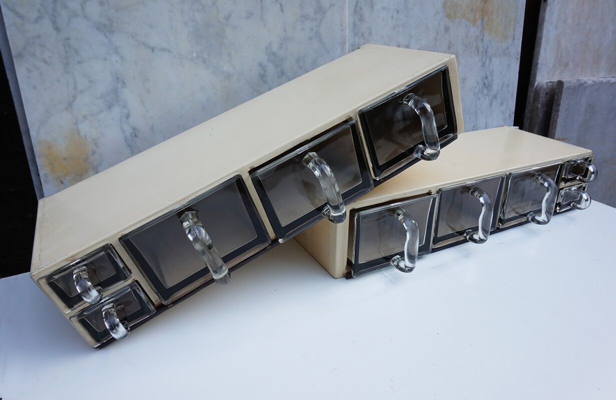 Vintage wood and glass kitchen container cabinets, set of 2