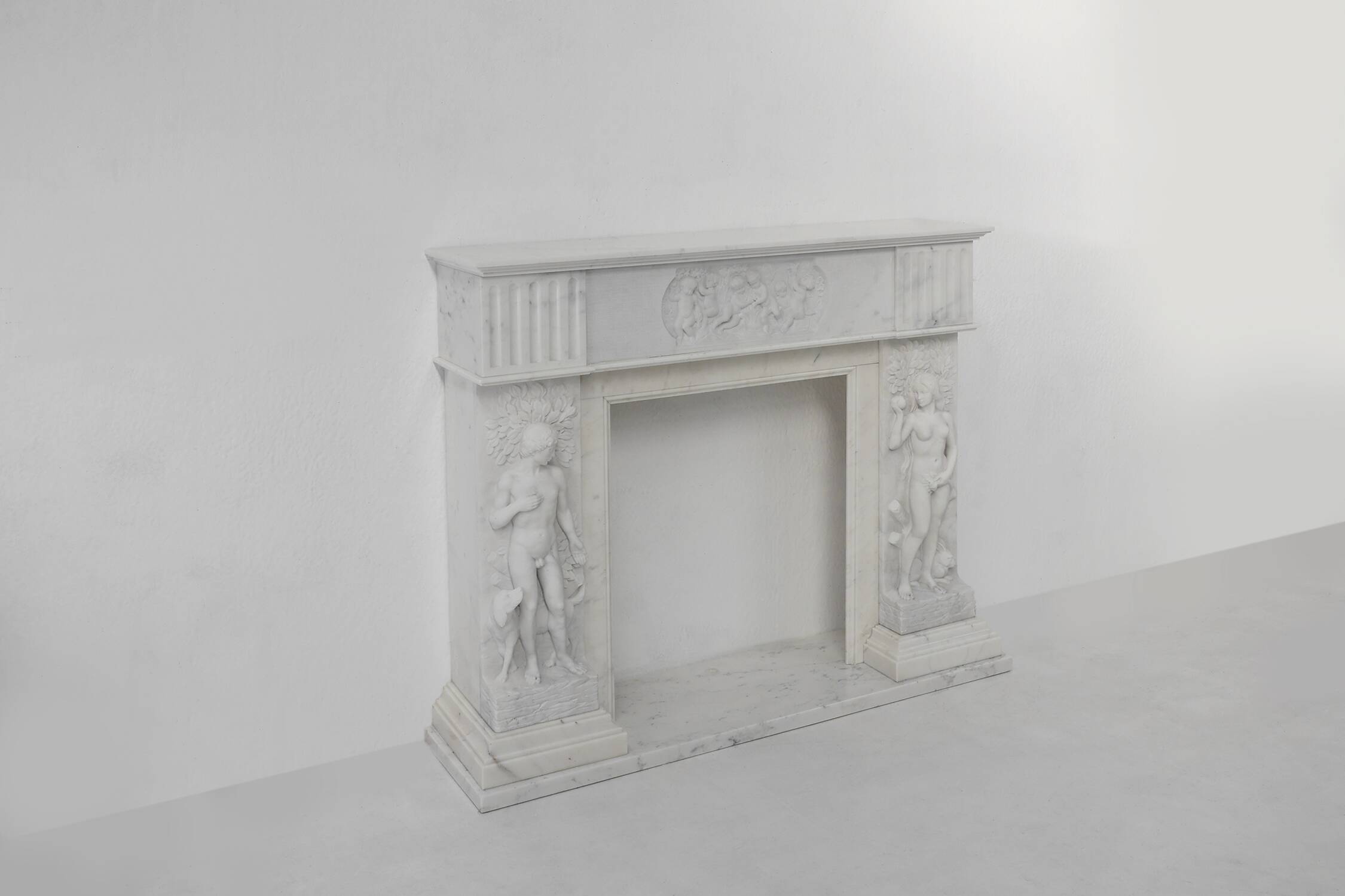 French Carrara marble fire place with Adam and Eve decoration