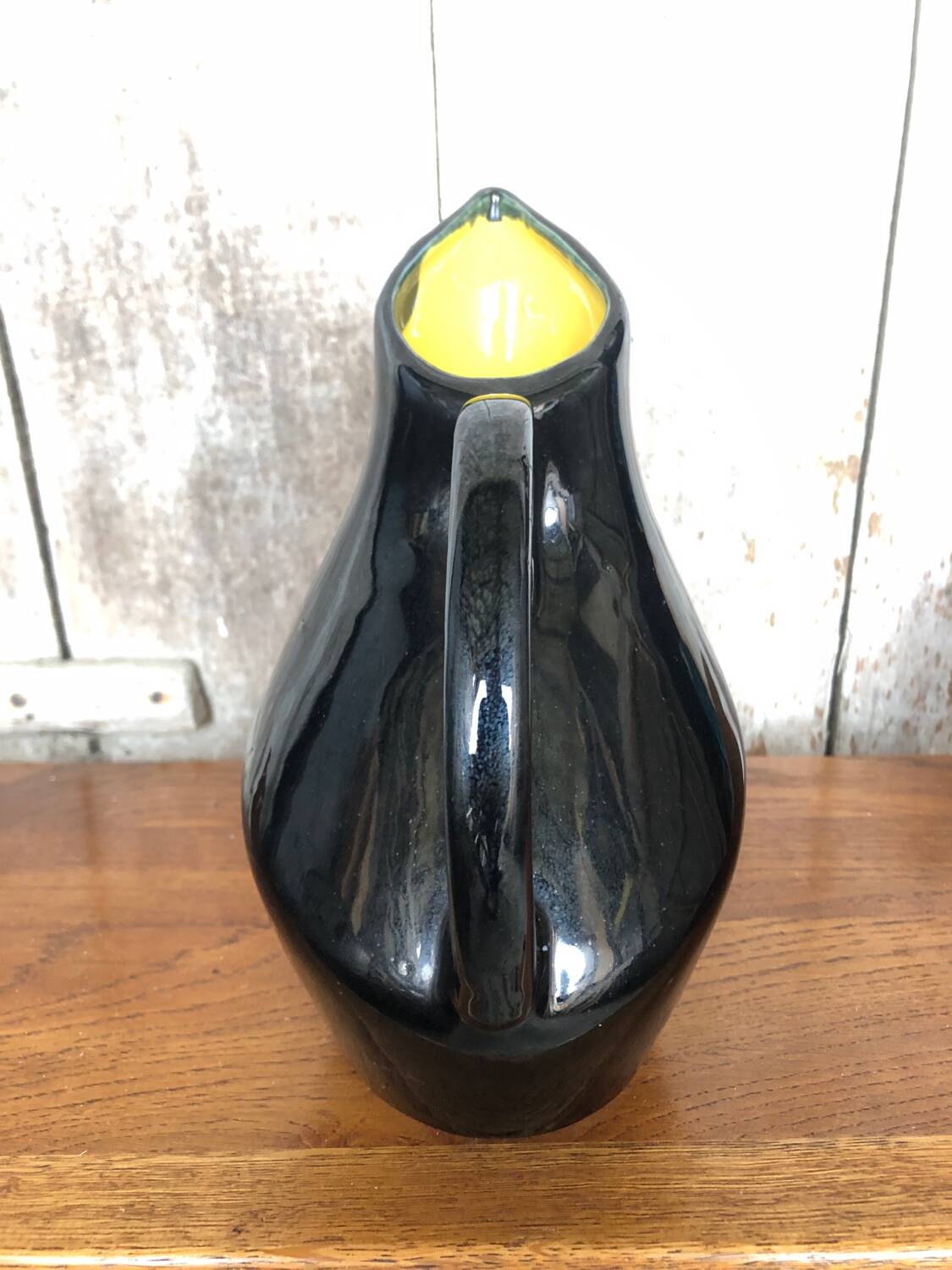 Old Black Enameled Porcelain Pitcher Blue Reflections Yellow Interior 50's #A759