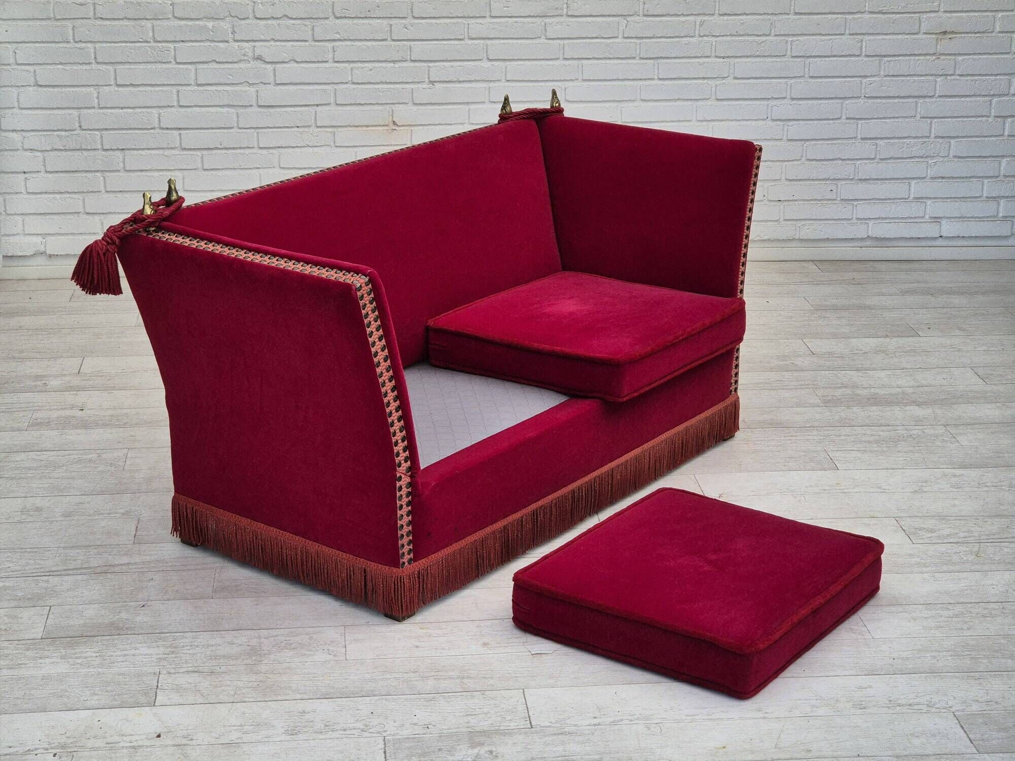 1970s, Danish drop arm "Spanish" sofa, original condition, cherry red furniture velour.