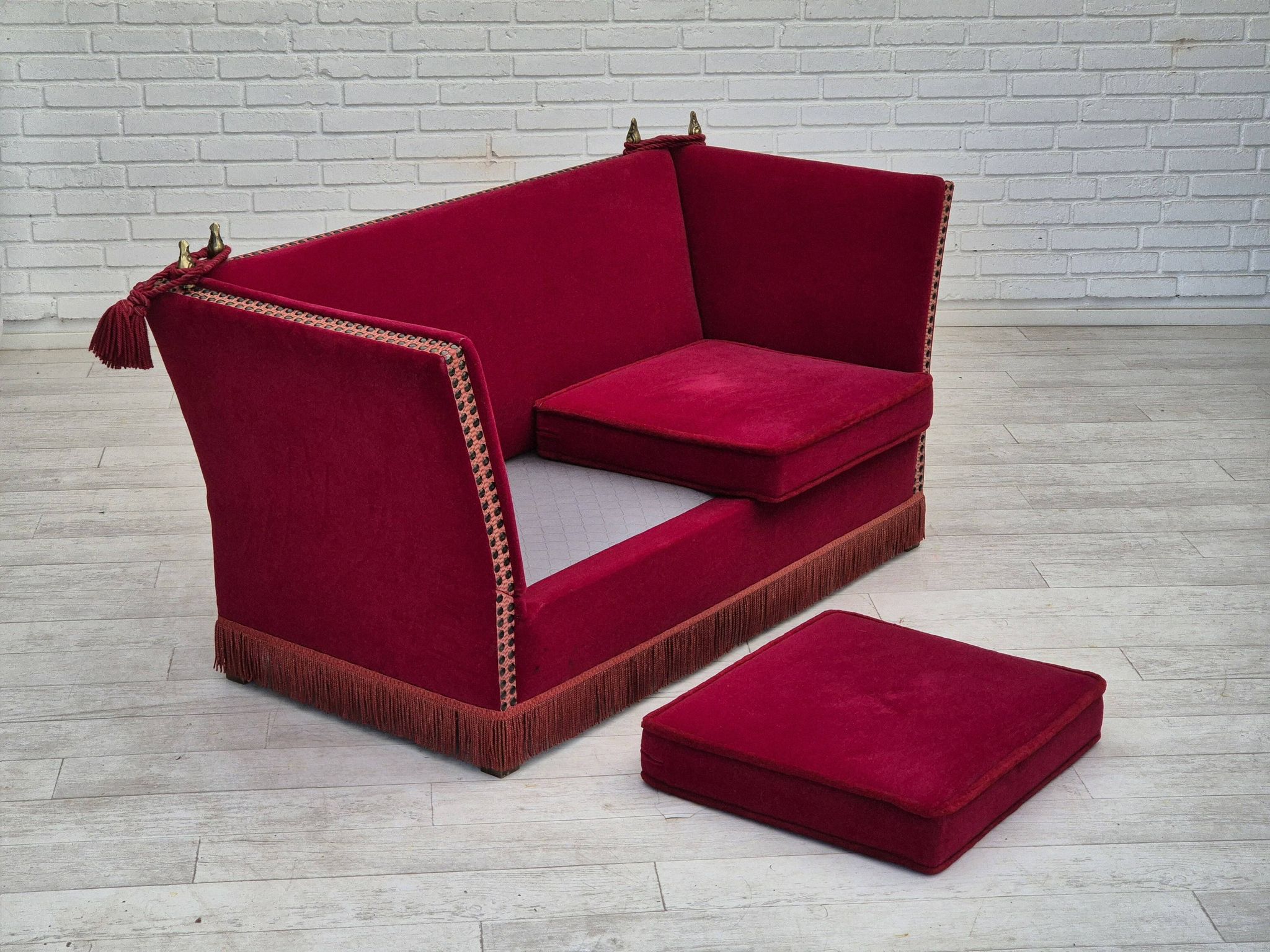 1970s, Danish drop arm "Spanish" sofa, original condition, cherry red furniture velour.