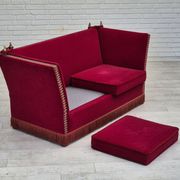 1970s, Danish drop arm "Spanish" sofa, original condition, cherry red furniture velour.