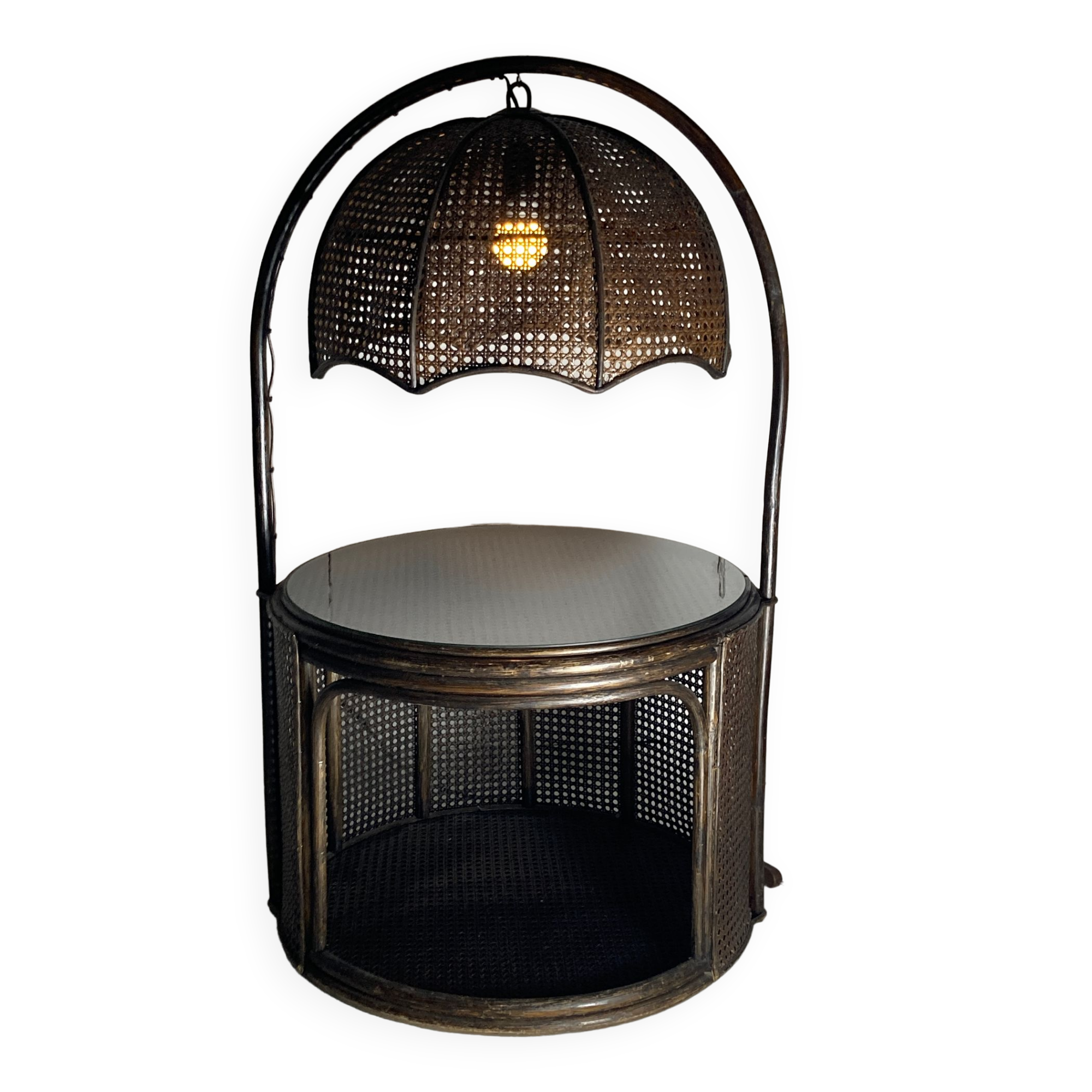 Faux bamboo rattan webbing side table with integrated hanging lamp, Dutch 1960s-1970s