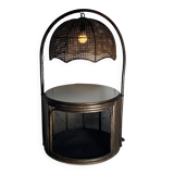 Faux bamboo rattan webbing side table with integrated hanging lamp, Dutch 1960s-1970s