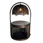 Table d’appoint en rotin en bambou avec lampe suspendue intégrée, hollandaise des années 1960-1970