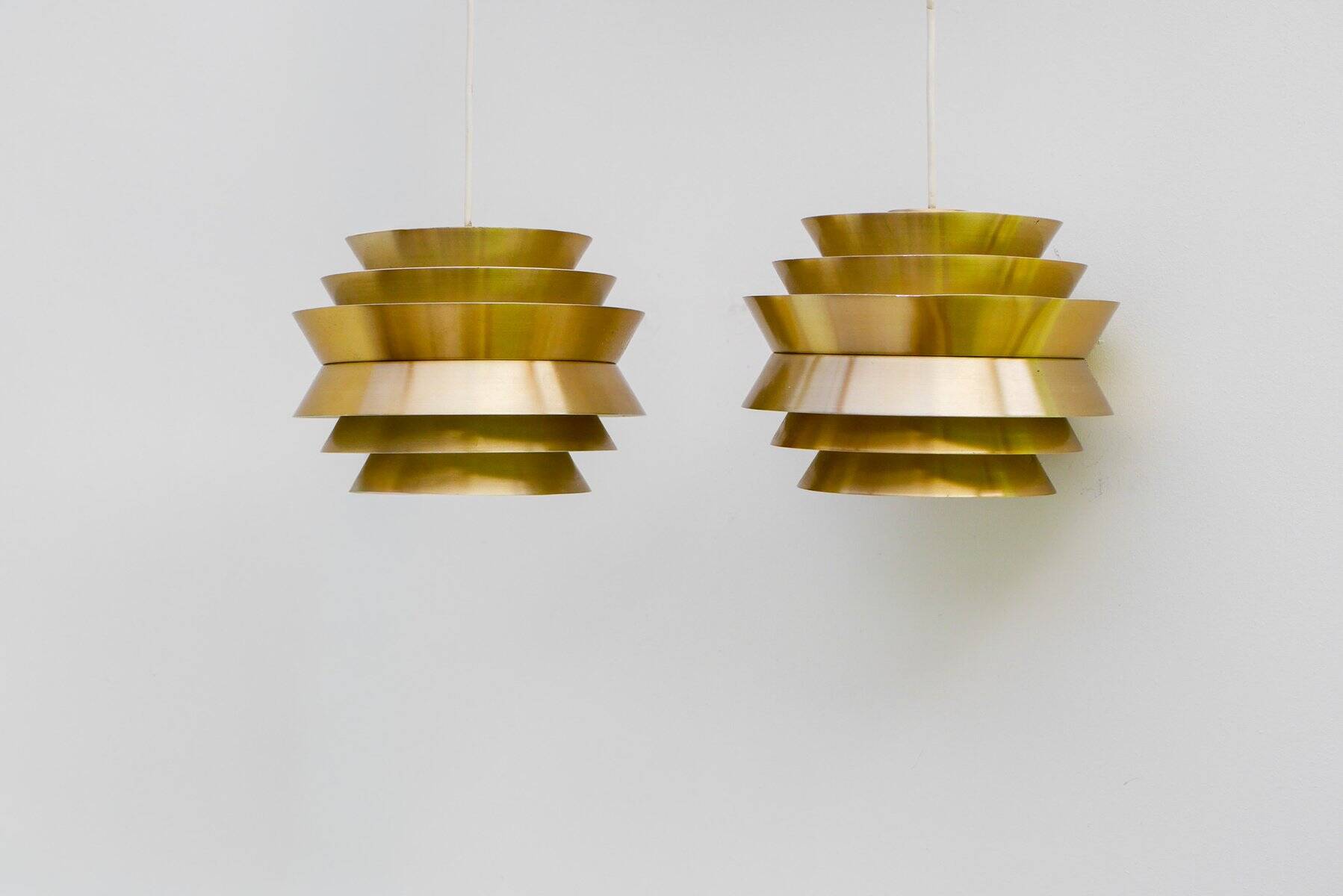 Brass-coloured metal pendant Trava lamps by Carl Thore, Sweden from Granhaga Metallindustri, 1960s, set of 2
