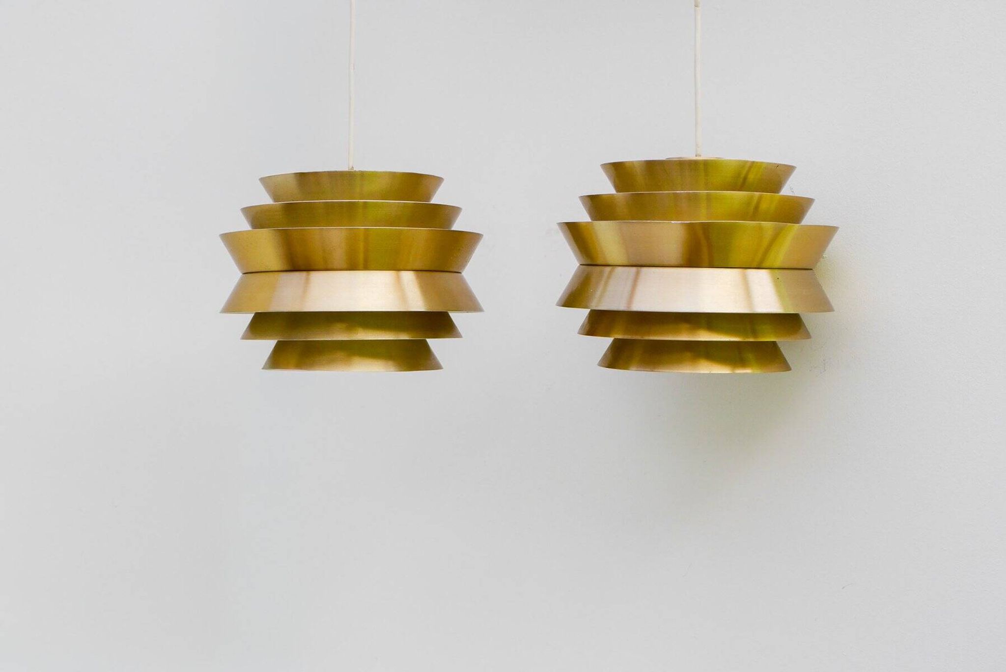 Brass-coloured metal pendant Trava lamps by Carl Thore, Sweden from Granhaga Metallindustri, 1960s, set of 2
