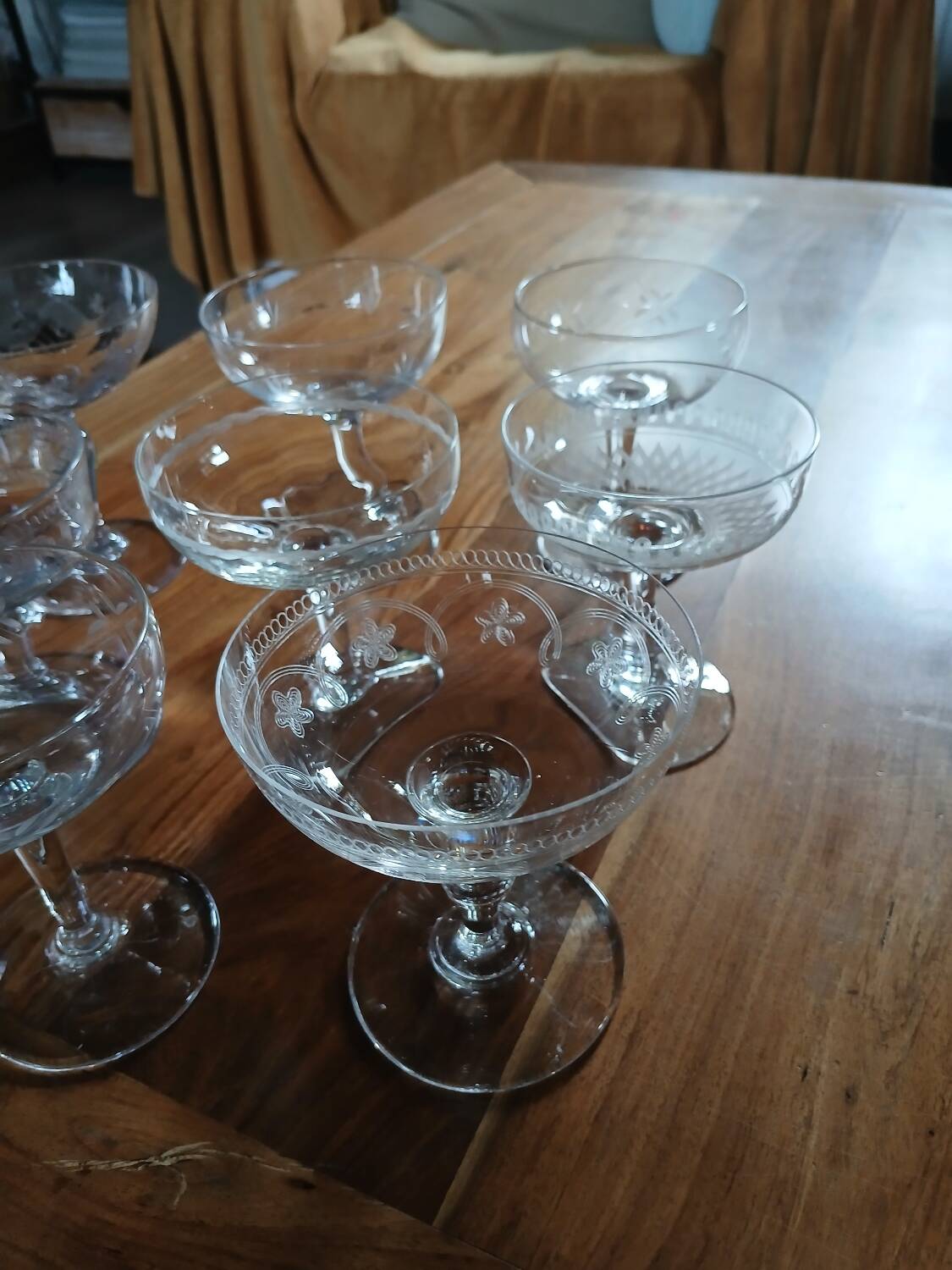 8 mismatched vintage champagne coupes