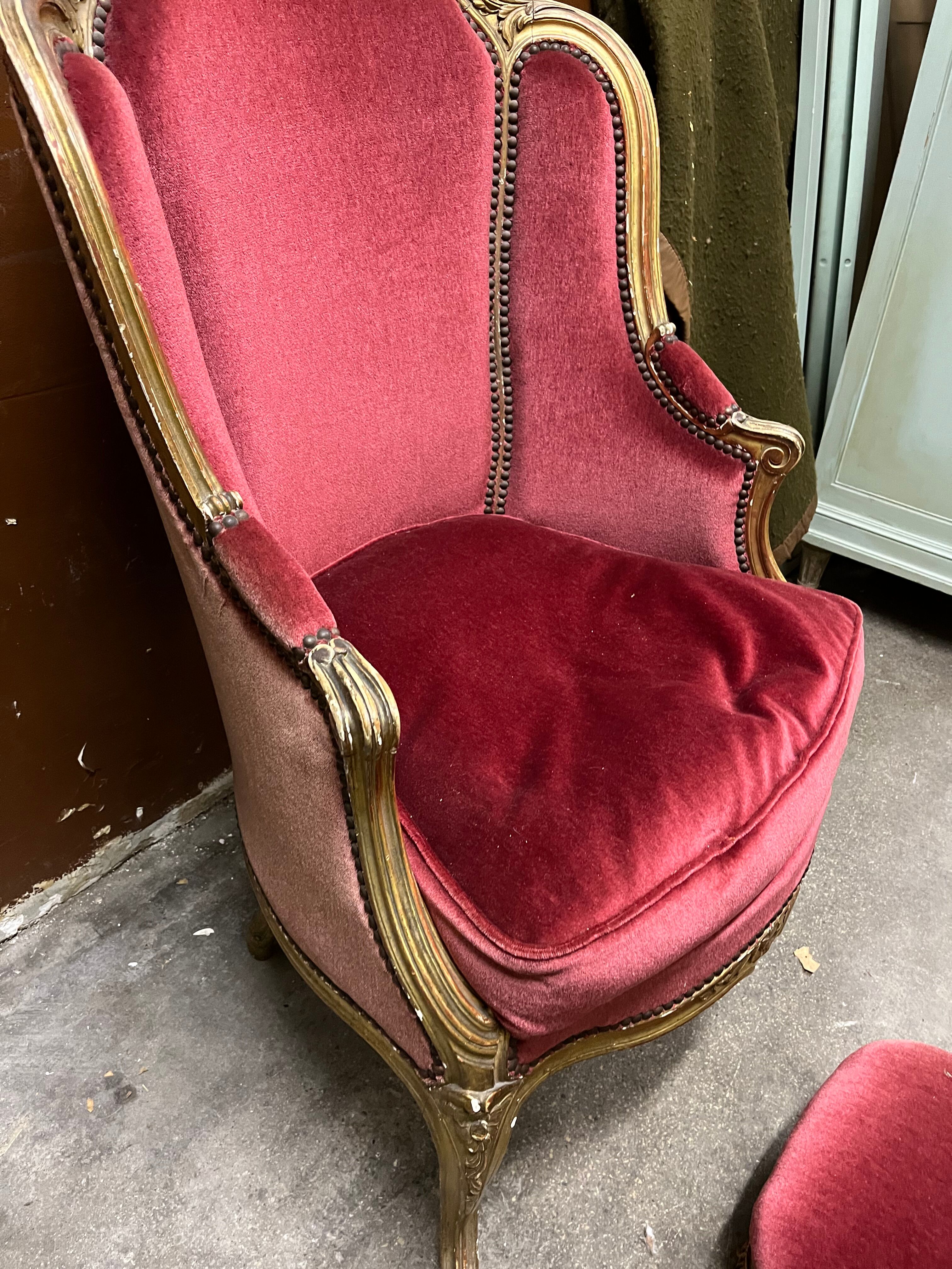 Gilded wooden armchair and footrest