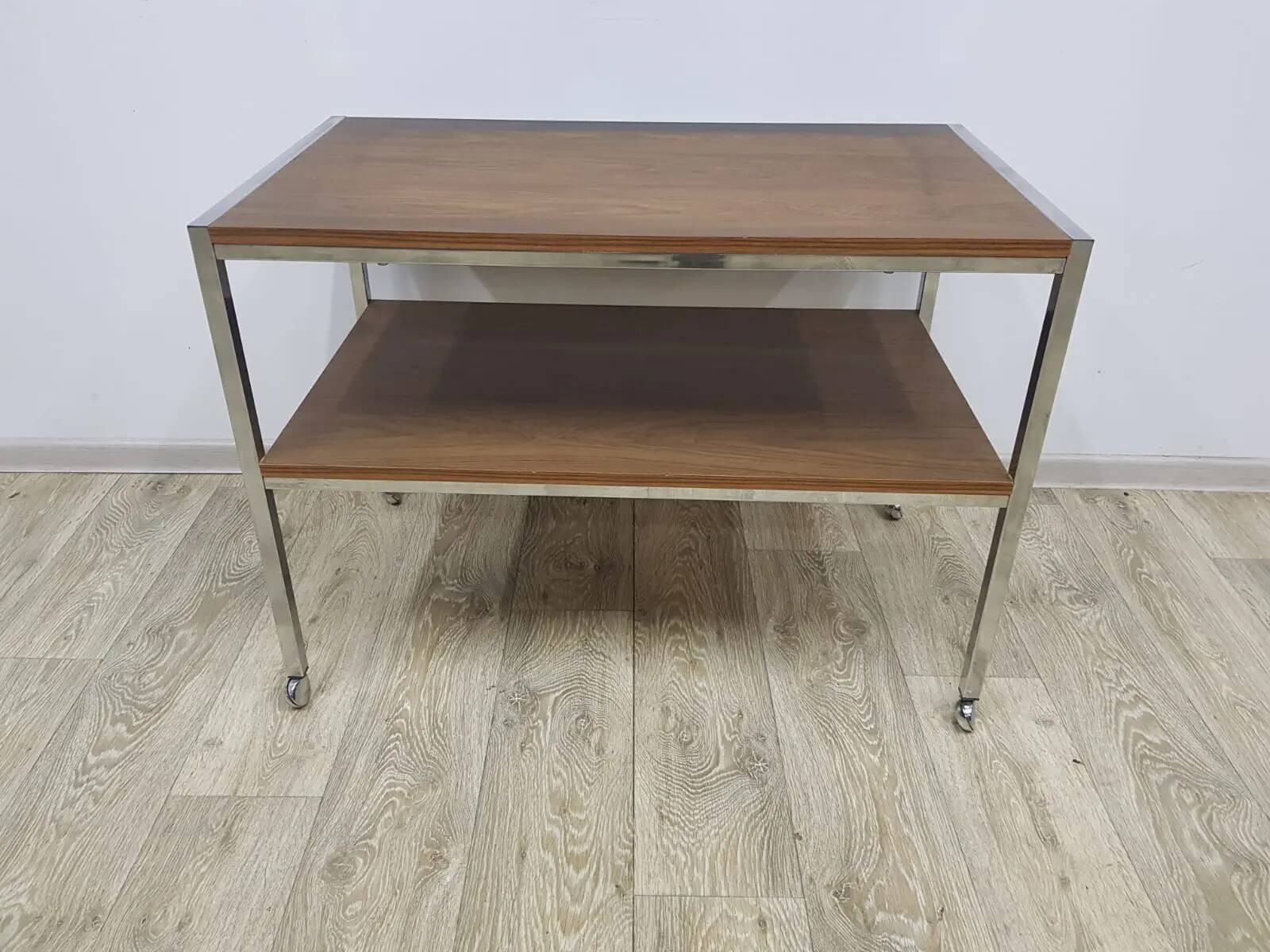 Mobile side table, brown, veneer, chrome-plated steel, Germany, 1970s.