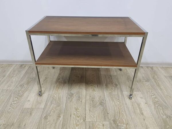 Table d'appoint mobile, marron, placage, acier chromé, Allemagne, années 1970.