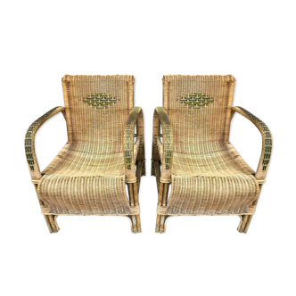 Vintage bohème des années 40  Superbe paire de fauteuils de jardin en rotin  tressés avec des motifs